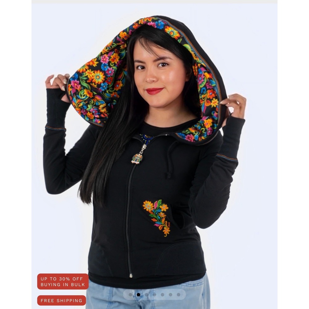 Ay Guey Pau Pau Black Zip Up Hoodie Mexican Folk Art Print Trendy Bold size L
